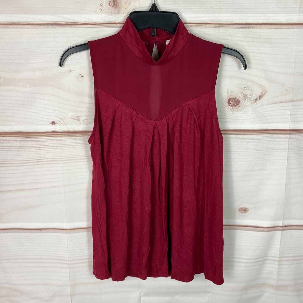 Fervour Top Womens XS Sleeveless Swing Tank Mock Neck Sheer Yoke Jersey Knit